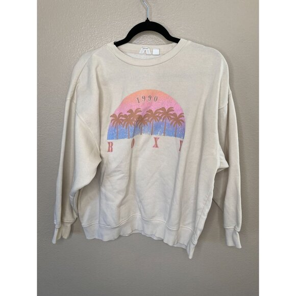 Roxy Womens 1990 Crewneck‎ Sweatshirt S Beige Palm Tree Graphic Cotton/polyester - Picture 2 of 8